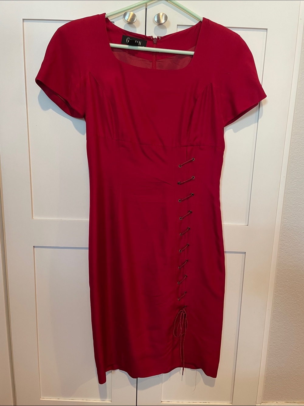 Gillia Crimson Short-Sleeve Sheath Dress with Side Lace-Up Detail